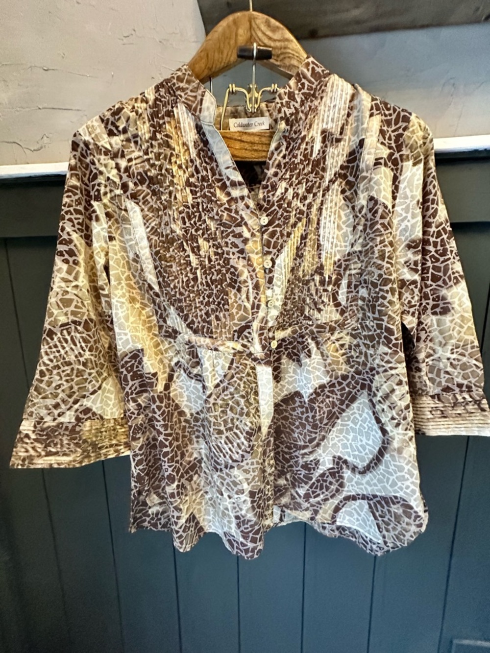 Coldwater Creek Brown and Cream Mixed-Print Button Front Blouse PL 14/16